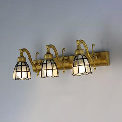 Stained Glass Dome Wall Lighting with Square/Blue Square Pattern and Linear Backplate Vintage Retro 3 Lights Sconce Lighting in Copper/Antique Brass/Brass