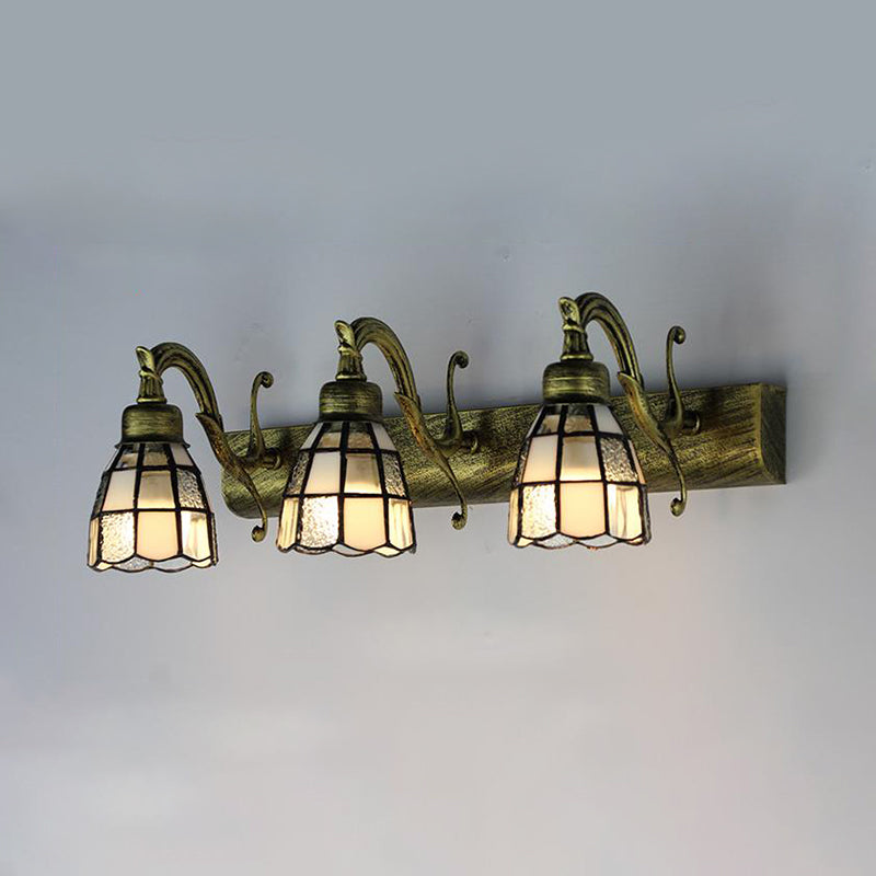 Stained Glass Dome Wall Lighting with Square/Blue Square Pattern and Linear Backplate Vintage Retro 3 Lights Sconce Lighting in Copper/Antique Brass/Brass