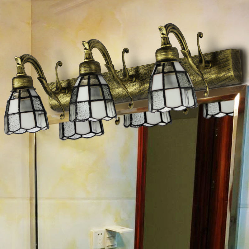 Stained Glass Dome Wall Lighting with Square/Blue Square Pattern and Linear Backplate Vintage Retro 3 Lights Sconce Lighting in Copper/Antique Brass/Brass