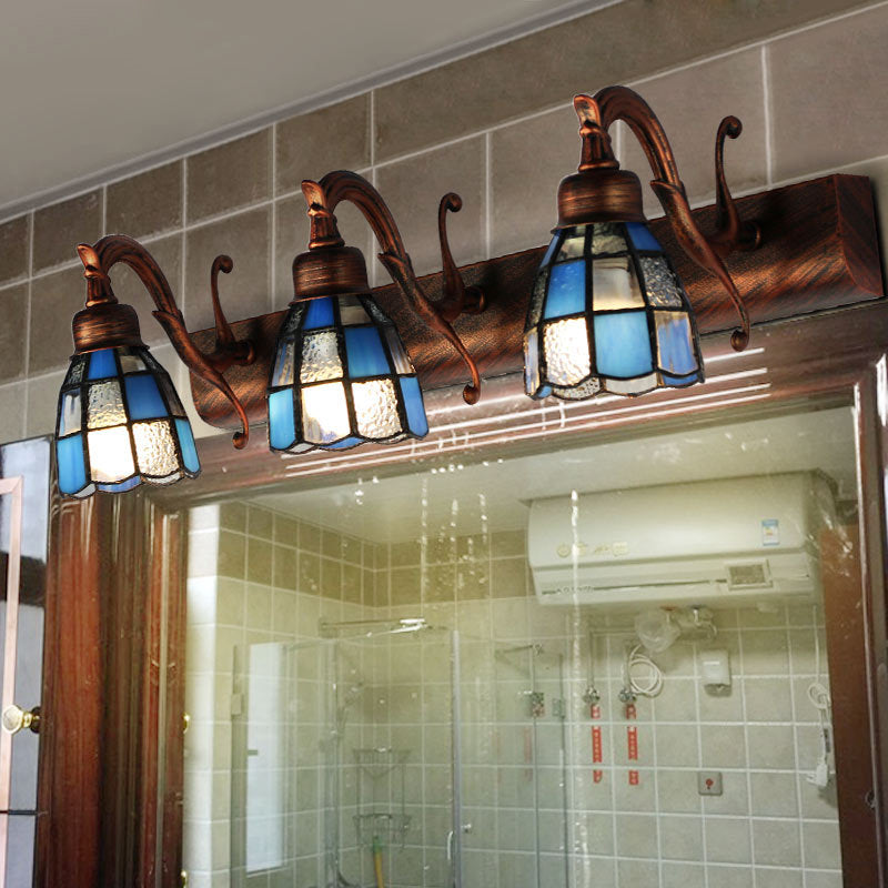 Stained Glass Dome Wall Lighting with Square/Blue Square Pattern and Linear Backplate Vintage Retro 3 Lights Sconce Lighting in Copper/Antique Brass/Brass