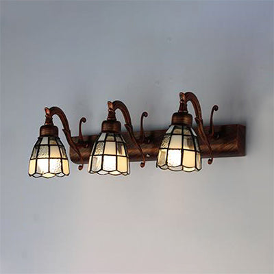 Stained Glass Dome Wall Lighting with Square/Blue Square Pattern and Linear Backplate Vintage Retro 3 Lights Sconce Lighting in Copper/Antique Brass/Brass