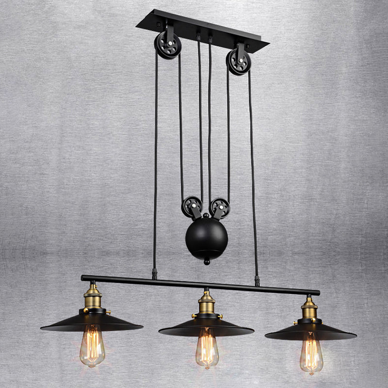 Metal 3 Lights Island Pendant Lighting Pulley Vintage Linear Pendant for Dining Room