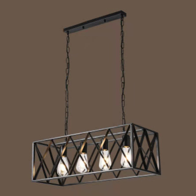 Black Rectangular Island Pendant Light in Industrial Creative Style Wrought Iron Ceiling Light for Dining Room