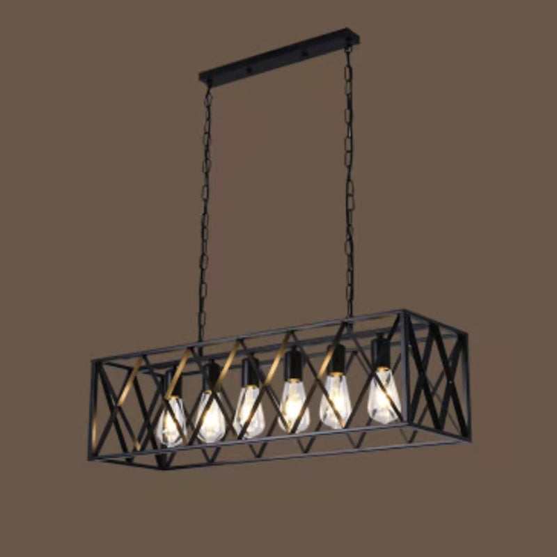 Luz colgante de isla rectangular negra en estilo creativo industrial Luz de techo de hierro forjado para comedor