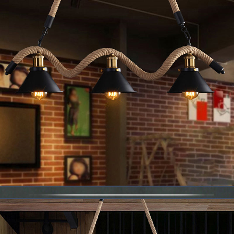 Black Exposed Bulb Island Pendant Light in Industrial Retro Style Wrought Iron Ceiling Light with Hemp Rope