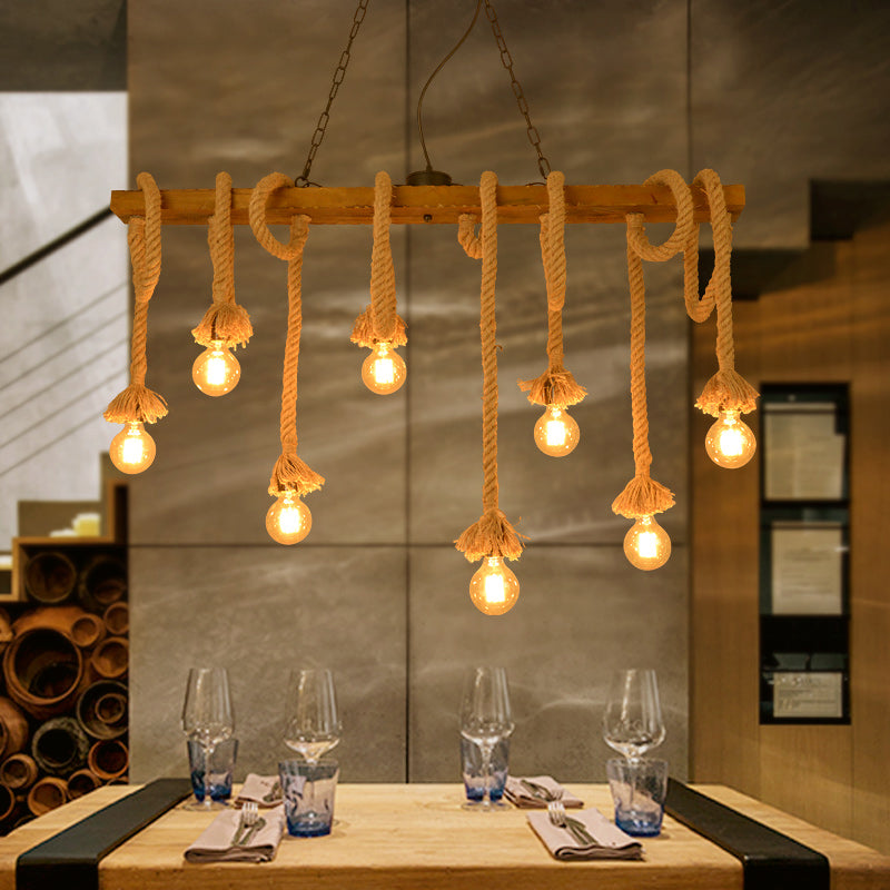 Bare Bulb Hemp Rope Island Pendant Light in Industrial Classic Style Wooden Ceiling Light for Restaurant
