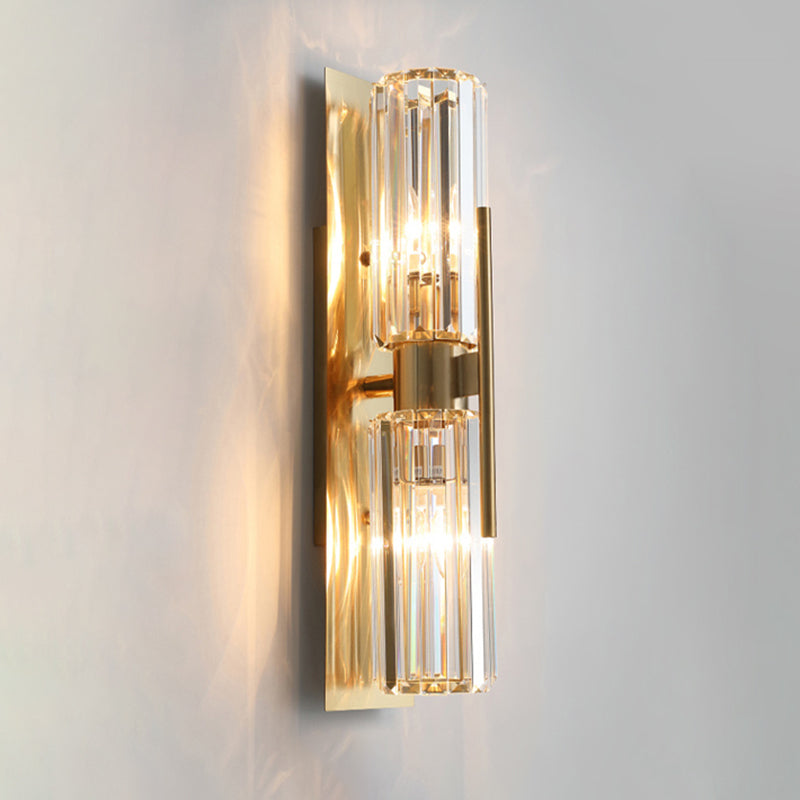 2-Lights Cylindrical Crystal Sconce Lights Electroplated Gold Postmodern Wall Lamp for Living Room