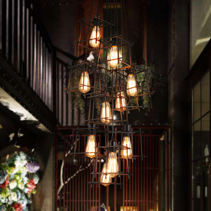 Luz colgante geométrica negra en araña de hierro forjado de estilo vintage industrial con marco de hierro