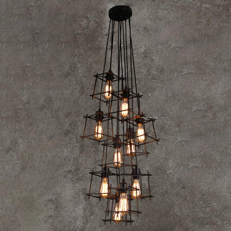 Luz colgante geométrica negra en araña de hierro forjado de estilo vintage industrial con marco de hierro