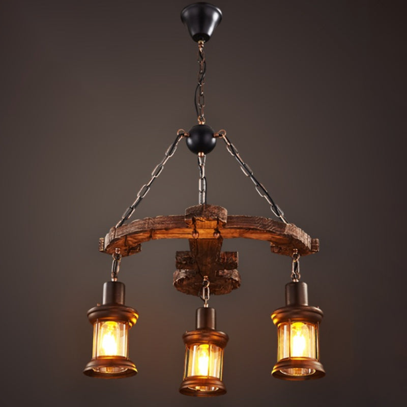 Retro Industrial Style Cylinder Chandelier Wood Pendant Ceiling Lights for Restaurant