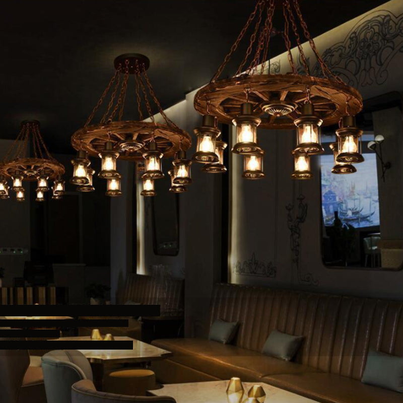 Ceiling Hanging Light Fixture Vintage Shaded Wood Ceiling Pendant Chandelier in Black
