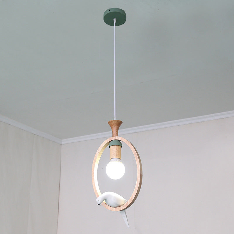 Dadelloze houten suspensielamp Noordse 1-licht hangerverlichting met harsvogel decor