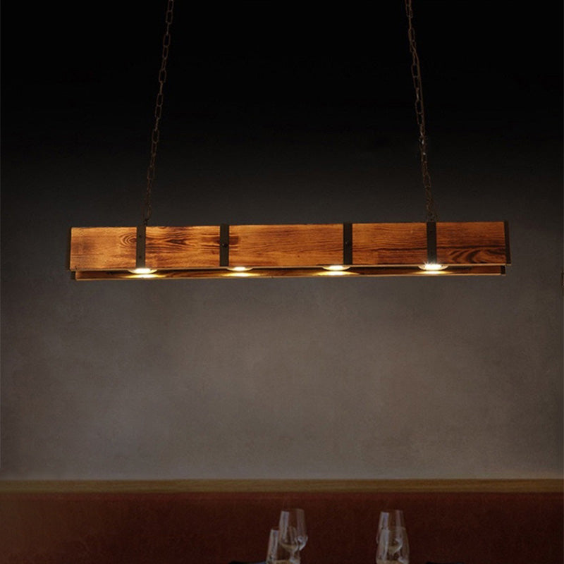 Rectangular Wooden LED Island Pendant Light in Industrial Vintage Style Wrought Iron Ceiling Light in Log Color