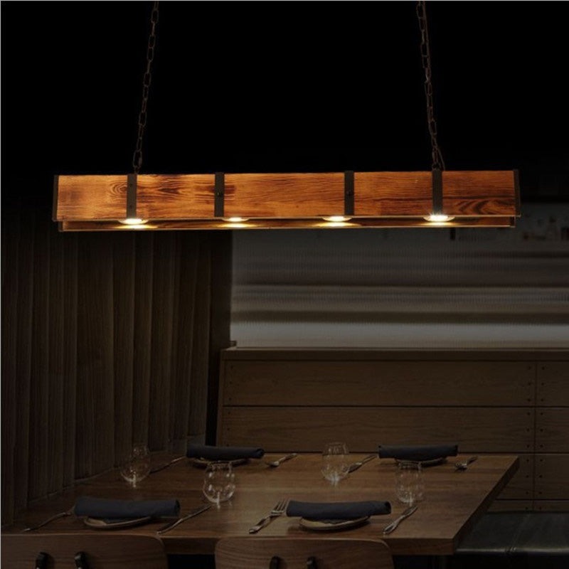 Rectangular Wooden LED Island Pendant Light in Industrial Vintage Style Wrought Iron Ceiling Light in Log Color