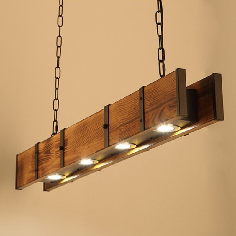 Rectangular Wooden LED Island Pendant Light in Industrial Vintage Style Wrought Iron Ceiling Light in Log Color