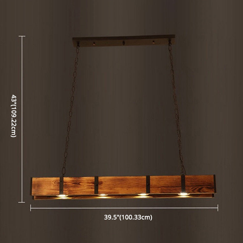 Rectangular Wooden LED Island Pendant Light in Industrial Vintage Style Wrought Iron Ceiling Light in Log Color