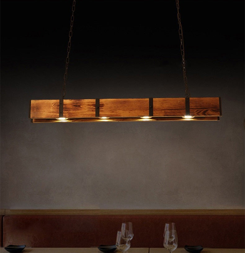 Rectangular Wooden LED Island Pendant Light in Industrial Vintage Style Wrought Iron Ceiling Light in Log Color