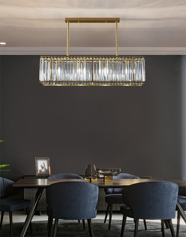 Luce a sospensione dell'isola a LED in oro in rame nella moderna lampada appesa al cristallo rettangolare per sala da pranzo