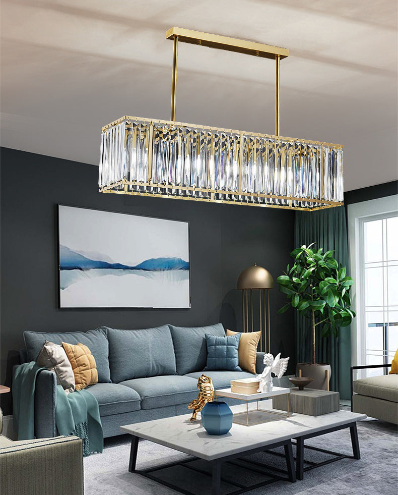 Luce a sospensione dell'isola a LED in oro in rame nella moderna lampada appesa al cristallo rettangolare per sala da pranzo