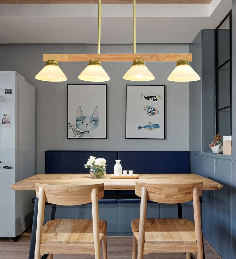 Cone Wood and Glass Island Ceiling Light Transitional Dining Room Island Light Fixtures