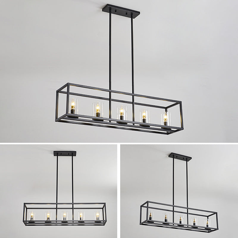 Glass 5 Lights Island Pendant Chandelier Rectangle Industrial Island Light Fixtures for Dining Room