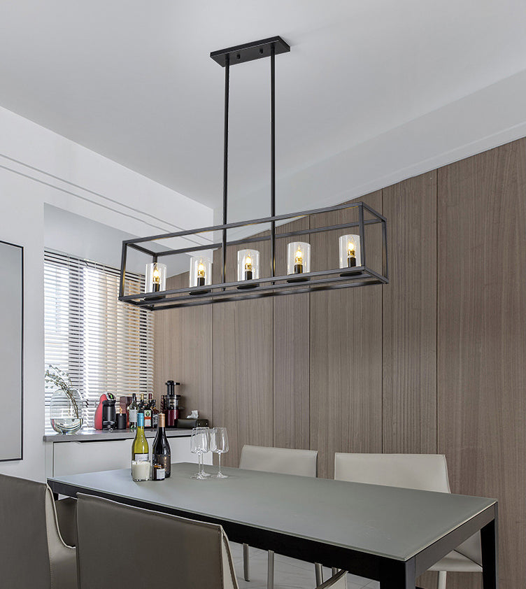 Glass 5 Lights Island Pendant Chandelier Rectangle Industrial Island Light Fixtures for Dining Room