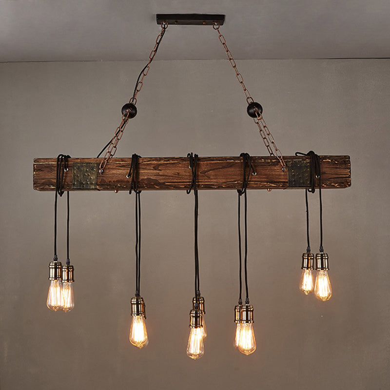 Log Color Rectangular Island Pendant Light in Industrial Vintage Style Wooden Ceiling Light for Dining Room