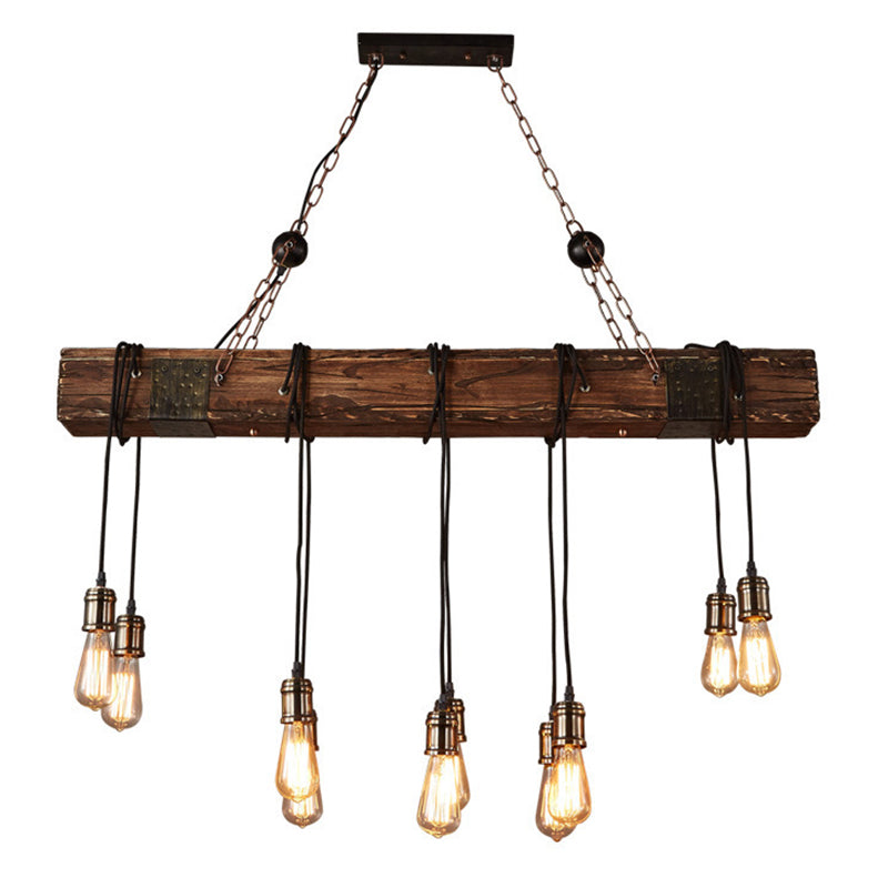 Log Color Rectangular Island Pendant Light in Industrial Vintage Style Wooden Ceiling Light for Dining Room