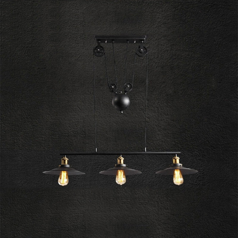 Black 3-Light Pulley Island Pendant Light in Industrial Retro Style Wrought Iron Hanging Lamp for Dining Room