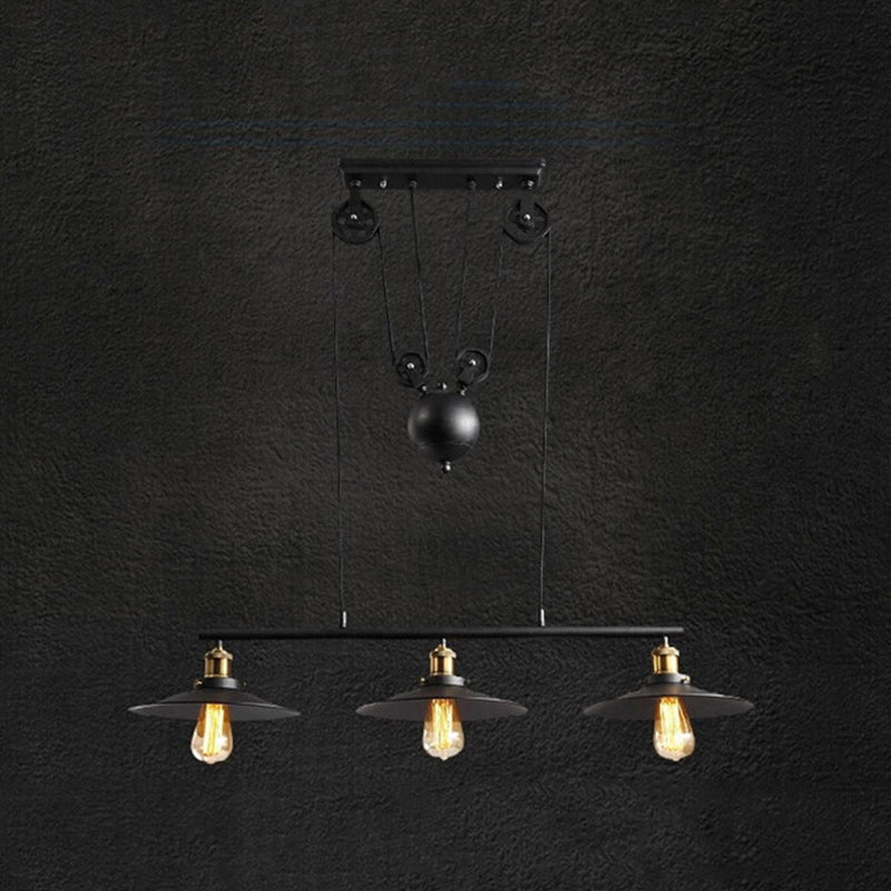 Black 3-Light Pulley Island Pendant Light in Industrial Retro Style Wrought Iron Hanging Lamp for Dining Room
