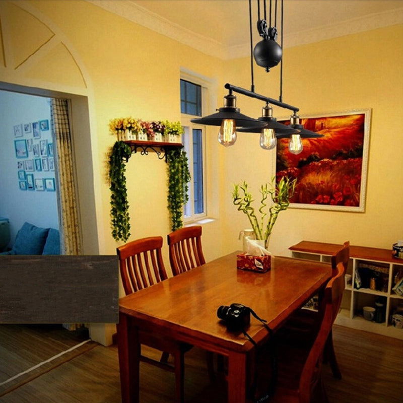 Black 3-Light Pulley Island Pendant Light in Industrial Retro Style Wrought Iron Hanging Lamp for Dining Room