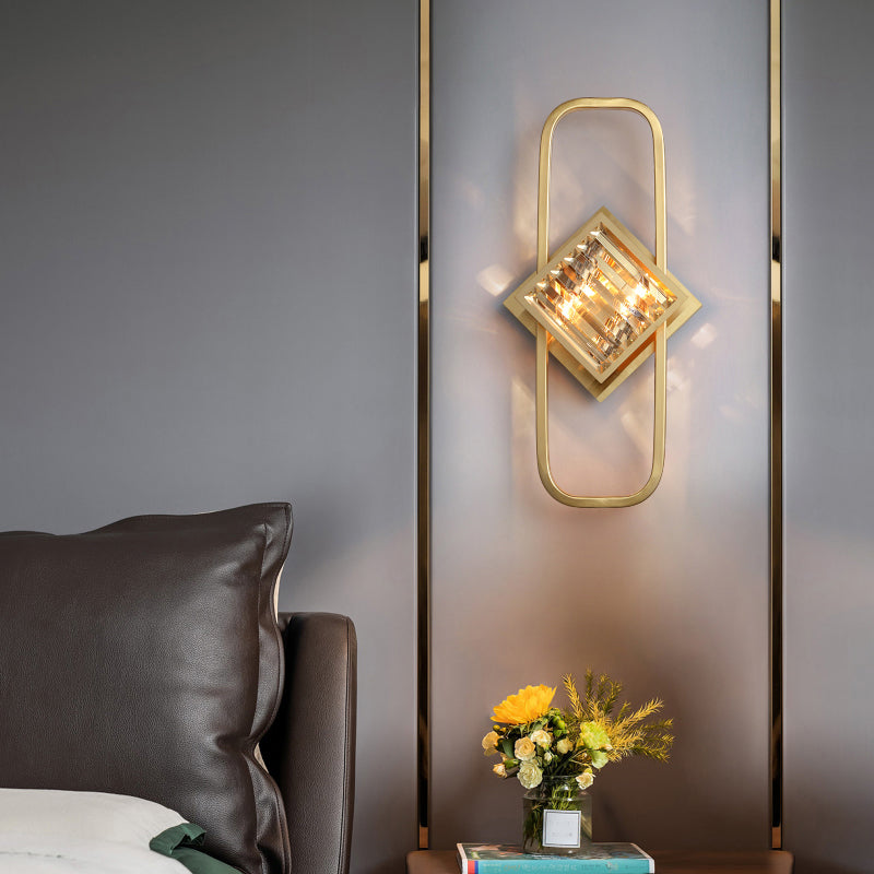 Electroplated Gold Crystal Wall Mount Lamp Postmodern Style Metal Geometric Lines Sconce Light for Dining Room