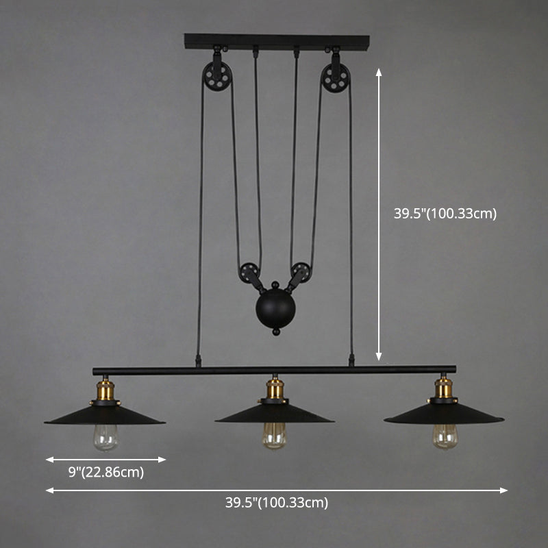 Black 3-Light Pulley Island Pendant Light in Industrial Retro Style Wrought Iron Hanging Lamp for Dining Room