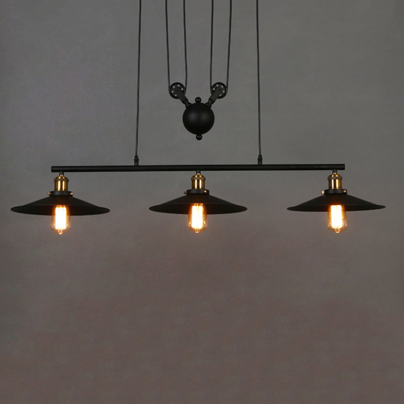 Black 3-Light Pulley Island Pendant Light in Industrial Retro Style Wrought Iron Hanging Lamp for Dining Room
