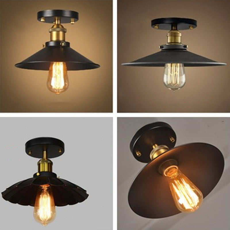 Black 1-Light Semi Flush Mount in Industrial Concise Style Wrought Iron Ceiling Fixture for Corridor