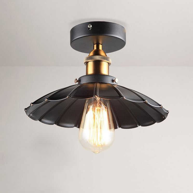 Black 1-Light Semi Flush Mount in Industrial Concise Style Wrought Iron Ceiling Fixture for Corridor