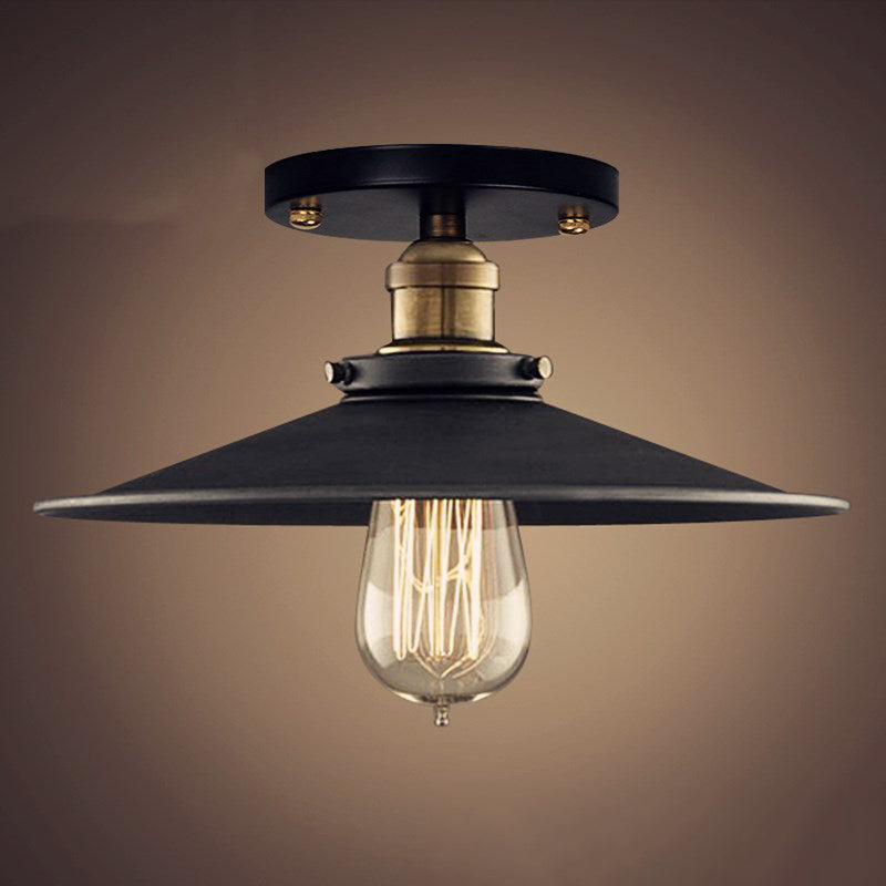 Black 1-Light Semi Flush Mount in Industrial Concise Style Wrought Iron Ceiling Fixture for Corridor