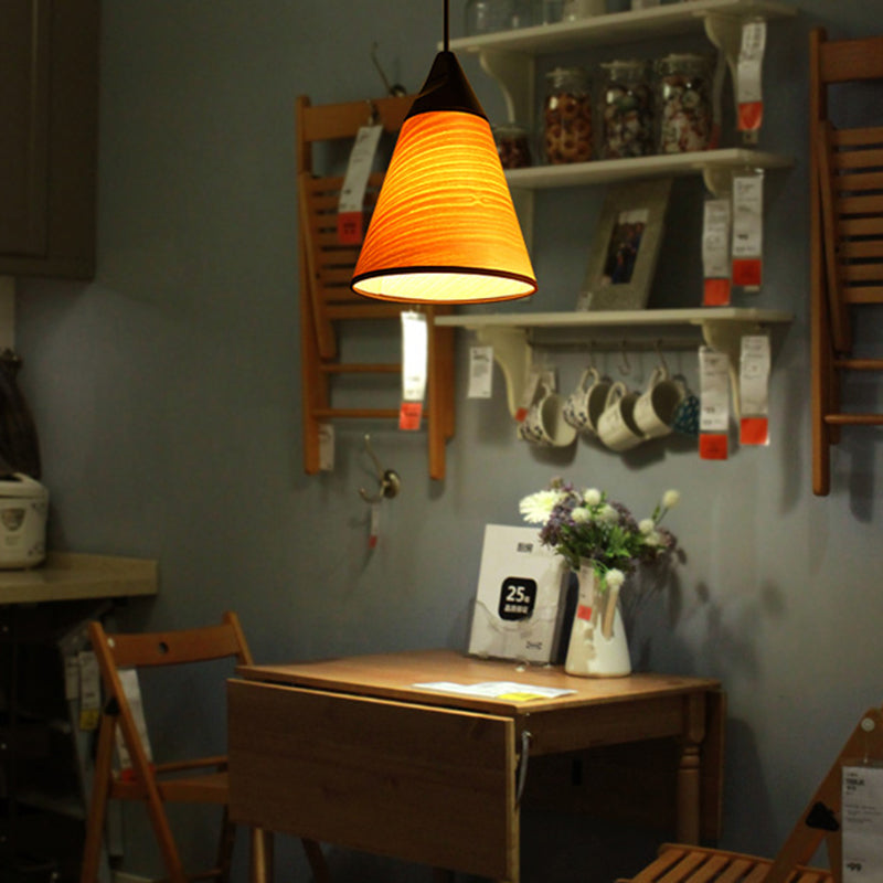 Simple Conical Pendant Lamp Wood Veneer 1 Head Dining Room Hanging Light Fixture