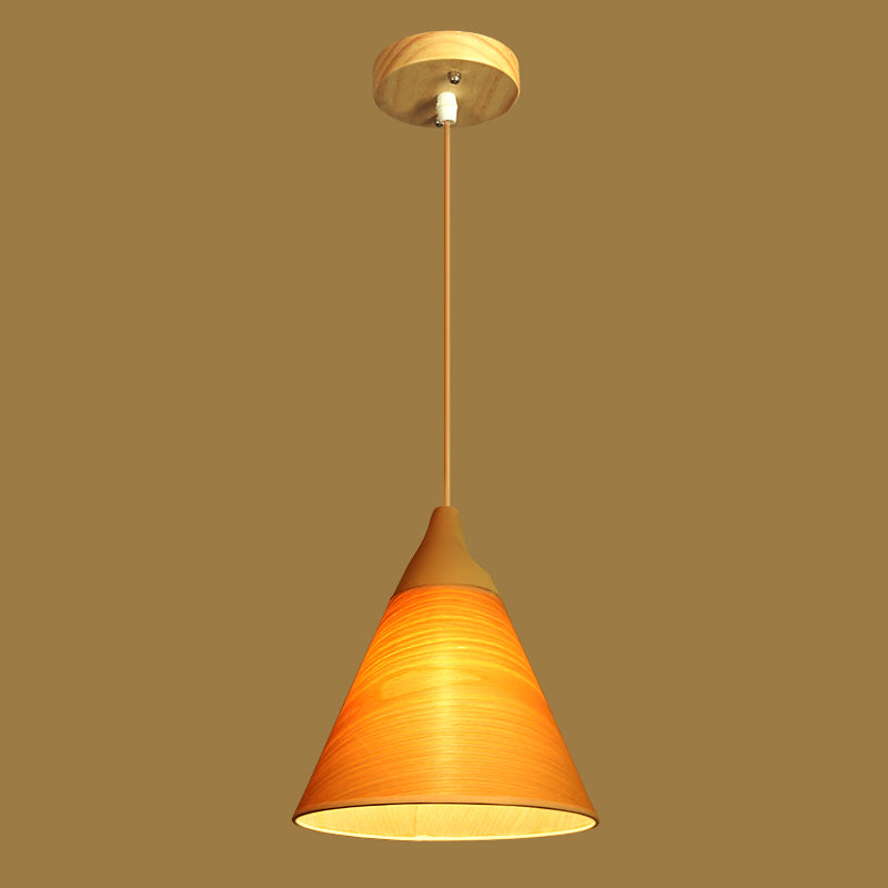 Simple Conical Pendant Lamp Wood Veneer 1 Head Dining Room Hanging Light Fixture