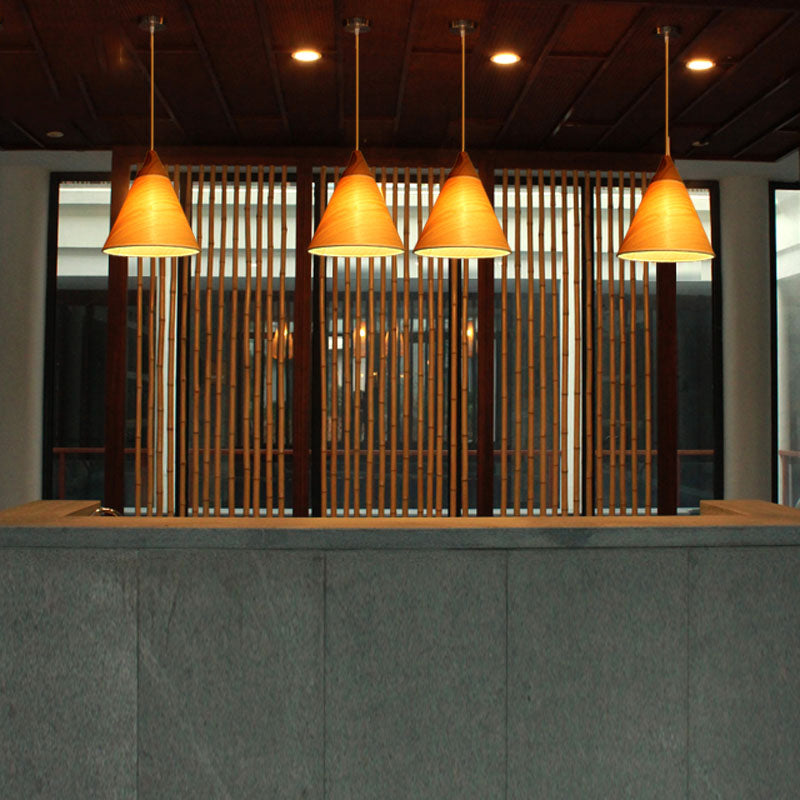 Simple Conical Pendant Lamp Wood Veneer 1 Head Dining Room Hanging Light Fixture