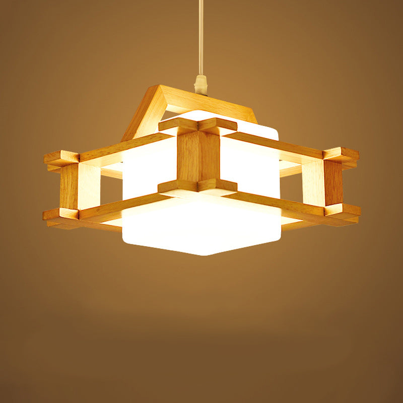 1-Licht-Esszimmer-Anhänger moderne Holzhängungschoner mit quadratischer weißer Glasschatten