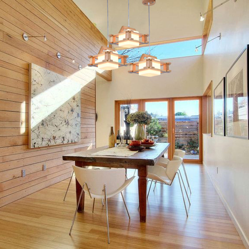 1-Light Dining Room Pendant Modern Wood Suspension Lamp with Square White Glass Shade