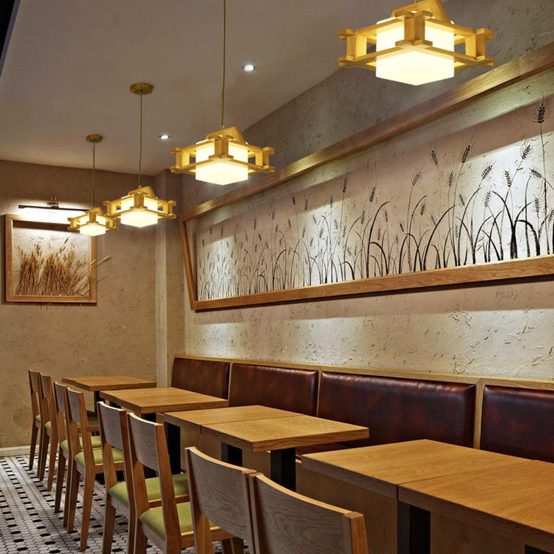 1-Light Dining Room Pendant Modern Wood Suspension Lamp with Square White Glass Shade