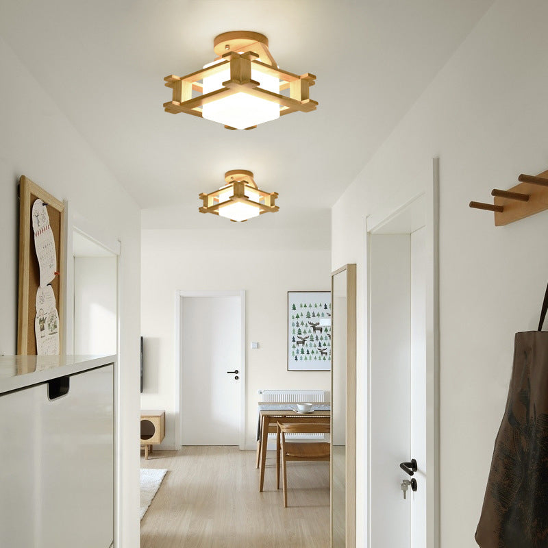 1-Light Dining Room Pendant Modern Wood Suspension Lamp with Square White Glass Shade