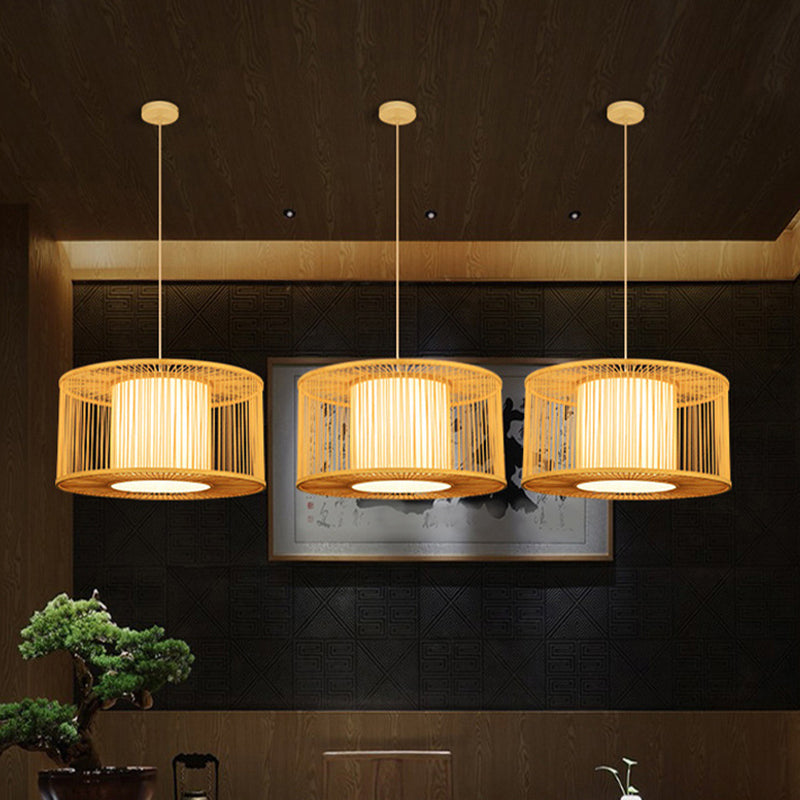 Hand-worked Drum Shaped Pendant Modern Wood 1-Light Restaurant Hanging Lighting