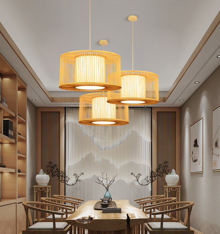 Hand-worked Drum Shaped Pendant Modern Wood 1-Light Restaurant Hanging Lighting