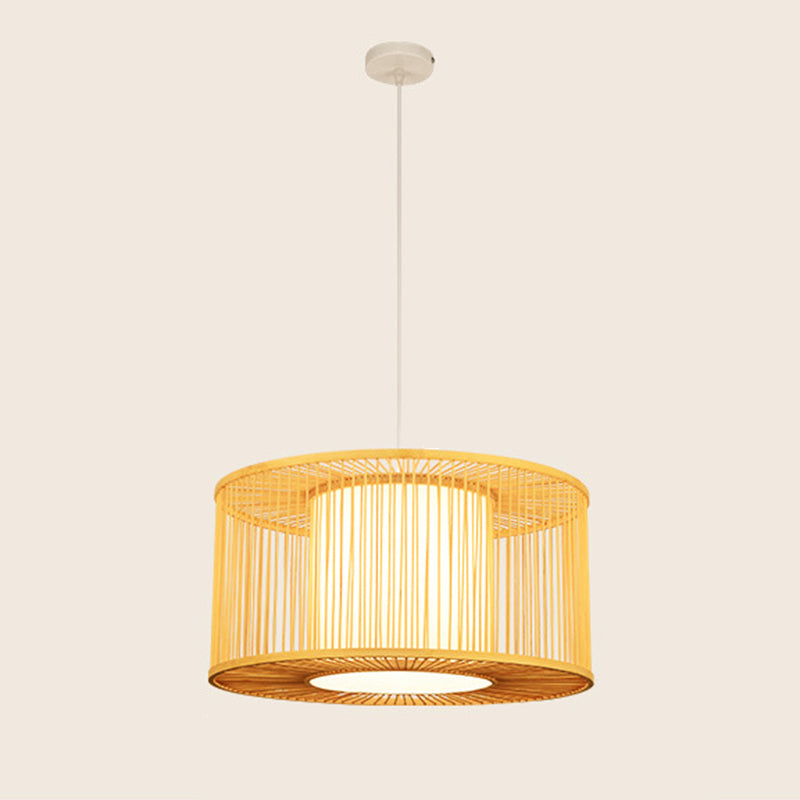 Hand-worked Drum Shaped Pendant Modern Wood 1-Light Restaurant Hanging Lighting