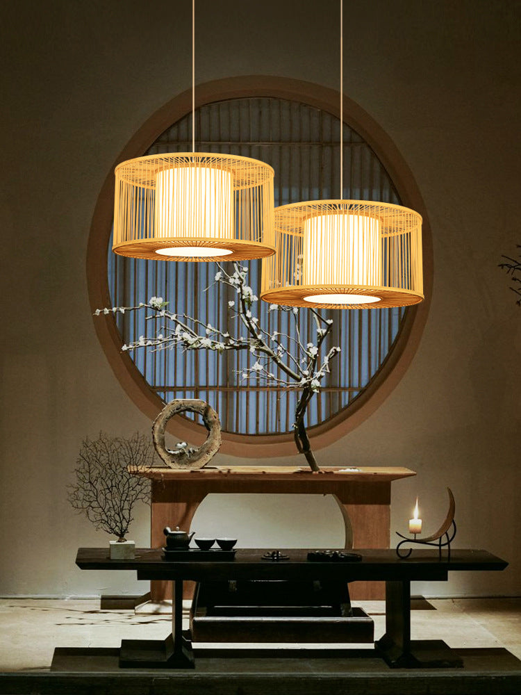 Hand-worked Drum Shaped Pendant Modern Wood 1-Light Restaurant Hanging Lighting