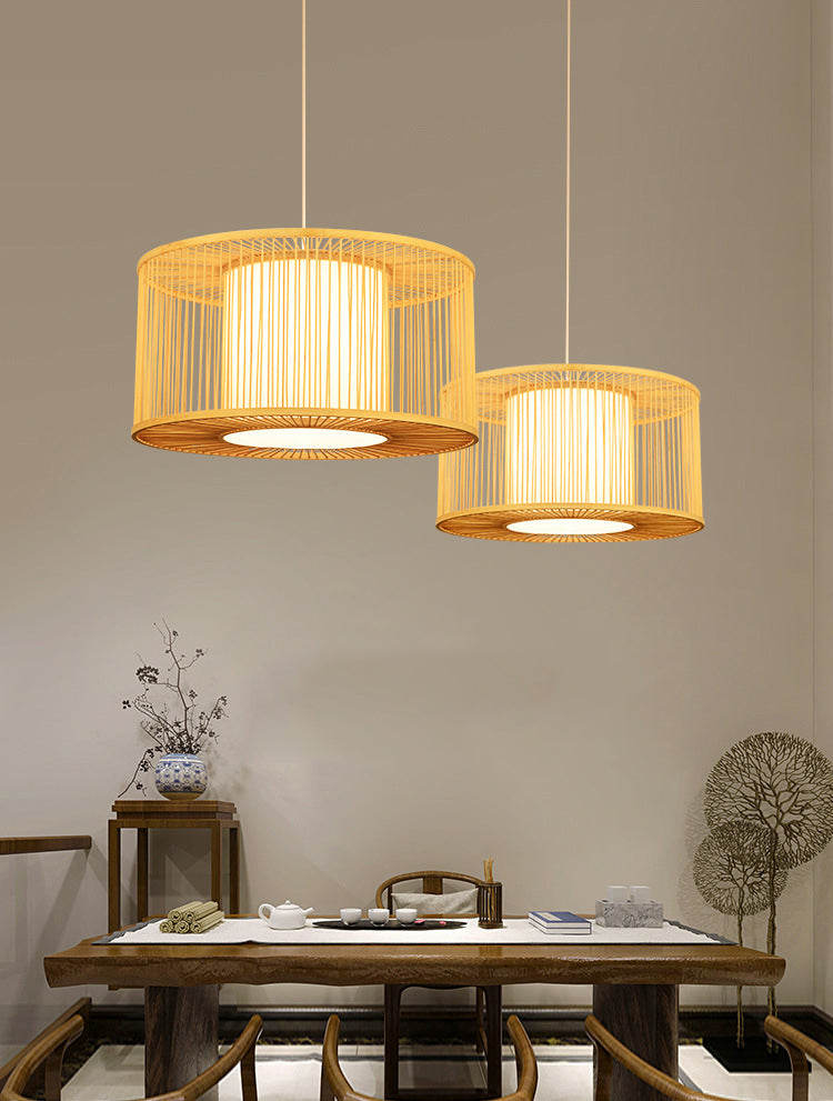 Hand-worked Drum Shaped Pendant Modern Wood 1-Light Restaurant Hanging Lighting