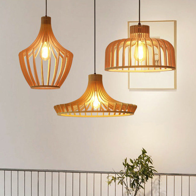 Cage Shaped Wooden Pendant Minimalism 1 Bulb Beige Suspension Lighting for Restaurant